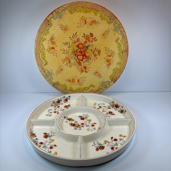 Vintage Japanese Mikori Ware Porcelain 5 Part Divided Tray Floral Design w/ Case - Picture 1 of 10